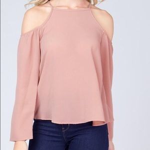 BLUSH LONG SLEEVE COLD SHOULDER HALTER NECK TOP